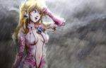  1girl blonde_hair blue_eyes breasts earrings jay_phenrix jewelry mario_(series) mario_kart midriff open_mouth princess_peach rain sideboob solo super_mario_bros. wet 