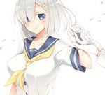  blue_eyes blush breasts gloves hair_ornament hair_over_one_eye hairclip hamakaze_(kantai_collection) holding_hands kantai_collection kiri_(kyannsa01) large_breasts out_of_frame school_uniform serafuku short_hair silver_hair solo_focus white_gloves 