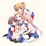  animal_ears blonde_hair blue_eyes blush brown_hair bunny_ears etopen fukuji_mihoko hair_bobbles hair_ornament haramura_nodoka kataoka_yuuki kiyosumi_school_uniform long_hair miyanaga_saki multiple_girls neckerchief purple_eyes red_eyes red_hair red_neckwear saki school_uniform serafuku short_hair short_twintails sitting sitting_on_lap sitting_on_person smile stuffed_animal stuffed_penguin stuffed_toy takei_hisa thighhighs tokumi_yuiko twintails two_side_up 