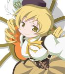  beret blonde_hair breasts corset drill_hair hair_ornament hat large_breasts magical_girl mahou_shoujo_madoka_magica official_style philip_(n1k2-j) pleated_skirt skirt smile solo tomoe_mami yellow_eyes 