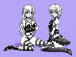  a4typhoon bdsm bondage_outfit breasts collar glasses harness large_breasts long_hair looking_at_viewer medium_breasts monochrome multiple_girls original short_hair smile striped striped_legwear thighhighs 