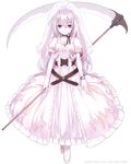  artist_name babylon_(game) bad_id bad_pixiv_id behind_back capriccio choker cross dress gloves headdress long_hair looking_at_viewer polearm red_eyes ribbon_choker scythe simple_background smile solo walking weapon white white_background white_dress white_gloves white_hair 