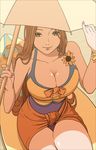  alternate_costume breasts brown_eyes brown_hair cleavage flower holding holding_umbrella ieung-isegae large_breasts league_of_legends leona_(league_of_legends) long_hair looking_at_viewer nail_polish one-piece_swimsuit pink_nails pool_party_leona sitting smile solo sunflower swimsuit umbrella 