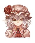  aozarigani ascot bad_id bad_pixiv_id blouse brooch eyeliner fang fang_out hat hat_ribbon jewelry lavender_hair lips looking_at_viewer makeup mob_cap red_eyes remilia_scarlet ribbon short_hair simple_background smile solo touhou tsurime upper_body white_background 