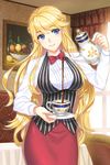  barista blonde_hair blue_eyes bow bowtie braid briska coffee cowboy_shot cup curtains decantering indoors long_hair long_sleeves mandrake_girls_2 official_art pencil_skirt picture_(object) pouring red_bow red_neckwear red_skirt shirt skirt smile solo striped striped_vest teapot vertical-striped_vest vertical_stripes vest white_shirt window 