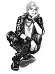  bad_id bad_pixiv_id boots contemporary cross cross_necklace dio_brando greyscale jacket jewelry jojo_no_kimyou_na_bouken leather leather_jacket leather_pants magatsumagic male_focus monochrome necklace pants solo 
