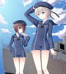  battleship blue_eyes brown_eyes brown_hair clothes_writing hand_on_headwear hat kantai_collection looking_at_viewer military military_vehicle multiple_girls nu_(ukskuj) sailor_collar sailor_hat ship short_hair silver_hair smile warship watercraft z1_leberecht_maass_(kantai_collection) z3_max_schultz_(kantai_collection) 