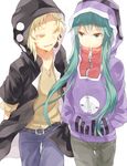  1girl aina617 bad_id bad_pixiv_id blonde_hair green_eyes green_hair hood hoodie kagerou_project kano_shuuya kido_tsubomi long_hair short_hair white_background yellow_eyes 