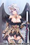 armor armored_dress bare_shoulders bird_wings black_dress black_legwear black_wings breasts byeontae_jagga cleavage collarbone dress gauntlets hair_ornament head_tilt large_breasts looking_at_viewer purple_hair silver_hair smile solo strapless strapless_dress sword sword_girls thighhighs weapon wings zettai_ryouiki 