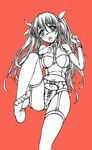 :o a4typhoon bare_shoulders between_breasts bondage_outfit breasts buckle cross-laced_clothes garter_belt hair_ribbon highres leg_lift lingerie lock long_hair midriff monochrome navel open_mouth original red_background ribbon saliva soles solo stomach sweatdrop thighhighs toes twintails underwear 