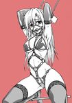  a4typhoon armpits arms_up ball_gag bdsm bikini bondage bound breasts chain cuffs gag gagged harness large_breasts long_hair looking_at_viewer monochrome original solo spreader_bar swimsuit thighhighs 