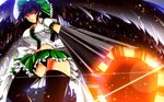 aiming_at_viewer arm_cannon bad_id bad_pixiv_id bird_wings black_hair black_legwear black_panties bow breasts cape error glowing hair_bow highres large_breasts light_particles light_trail looking_at_viewer midriff miniskirt nekominase panties parted_lips puffy_short_sleeves puffy_sleeves red_eyes reiuji_utsuho short_sleeves skirt solo thighhighs third_eye touhou underwear weapon wings 