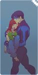  1boy 1girl barbara_gordon batman_(series) black_hair bodysuit carry carrying couple dc_comics dick_grayson domino_mask glasses green_shirt mask nightwing oracle orange_hair princess_carry shirt sleeping 