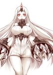  breasts covered_nipples detached_sleeves dress horn kantai_collection large_breasts long_hair pale_skin red_eyes ribbed_dress seaport_hime shinkaisei-kan short_dress solo thighs tobi_(one) very_long_hair white_background white_hair wide_hips 