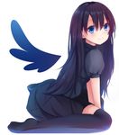  black_hair blue_eyes blush full_body kara_no_kyoukai long_hair miyanome ryougi_mana simple_background skirt smile solo thighhighs white_background 