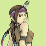  armlet bare_shoulders braid breasts brown_eyes brown_hair crop_top feathers hair_feathers hair_ribbon headband headdress julia_chang long_hair midriff mimiyama_kiichi native_american native_american_headdress ribbon small_breasts solo tekken twin_braids twintails 