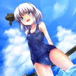  blue_eyes cloud day dutch_angle hairband konpaku_youmu lens_flare one-piece_swimsuit open_mouth school_swimsuit short_hair silver_hair smile standing swimsuit sword tatsumoto touhou water weapon 