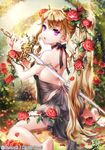  barefoot black_dress blonde_hair character_request copyright_name dress esphy flower hair_flower hair_ornament holding holding_weapon long_hair looking_at_viewer mystic_blood open_mouth ponytail purple_eyes rose see-through sitting solo sword weapon 