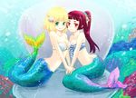  2girls ao_no_exorcist bikini bikini_top blonde_hair green_eyes hair_ornament hand_holding kamiki_izumo long_hair mermaid monster_girl moriyama_shiemi multiple_girls purple_hair red_eyes red_hair shell shell_bikini short_hair swimsuit underwater 