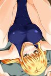  blonde_hair blue_eyes blush breasts folded hair_in_mouth highres knees_on_chest large_breasts long_hair lying nishi_koutarou on_back one-piece_swimsuit original smile solo sweatdrop swimsuit upside-down 