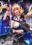  blonde_hair blood blush breasts cape cleavage dress flower holding holding_weapon large_breasts lipstick long_hair long_sleeves looking_at_viewer makeup open_mouth pixiv_fantasia pixiv_fantasia_fallen_kings red_eyes red_lipstick ryuuzaki_ichi smile solo sword vampire weapon 