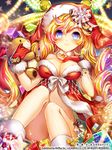  blonde_hair blue_eyes blush boots bottomless bow breasts character_request christmas cleavage esphy fur_trim gift gloves hat hen-shin-shou-jo_metamol_maiden large_breasts long_hair navel red_gloves santa_hat sitting smile solo stuffed_toy 