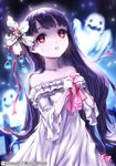  bare_shoulders black_hair character_request copyright_name crying crying_with_eyes_open dress esphy flower ghost hair_flower hair_ornament long_hair long_sleeves mystic_blood red_eyes solo tears white_dress 