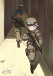  animal_ears armband assault_rifle boots fatigues fn_fnc fnc_(upotte!!) galil_ar_(upotte!!) gloves goggles goggles_on_headwear gun hallway helmet highres kanokoga military military_uniform multiple_girls pouch red_eyes rifle running short_hair silver_hair sunlight tail uniform upotte!! vest weapon 