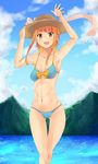  arios_(orochi_yuta) armpits bikini blonde_hair gradient_hair hat highres looking_at_viewer mountain multicolored_hair original short_hair solo standing swimsuit wading water waving yellow_eyes 