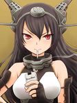  bare_shoulders black_hair breasts cigarette cigarette_box commentary fingerless_gloves gloves hair_ornament hairband headgear kantai_collection large_breasts long_hair looking_at_viewer nagaoka_kenzou nagato_(kantai_collection) pun red_eyes simple_background smoke smoking solo 