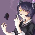  cigarette cigarette_box commentary eyepatch headgear kantai_collection nagaoka_kenzou necktie short_hair simple_background smirk smoke smoking solo tenryuu_(kantai_collection) yellow_eyes 