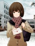 brown_eyes brown_hair letter looking_at_viewer love_letter original rino1104 scarf short_hair snowing solo 