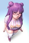  alternate_costume bespectacled breasts double_bun from_above glasses highres large_breasts long_hair looking_at_viewer patchouli_knowledge perspective plump purple-framed_eyewear purple_eyes purple_hair shirt short_shorts shorts solo striped striped_shirt thighhighs touhou tripleeight very_long_hair white_legwear 