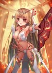  blonde_hair blush breasts covered_nipples fan folding_fan jewelry long_hair looking_at_viewer medium_breasts million_arthur_(series) navel necklace red_eyes solo tiara torn_clothes wardrobe_malfunction weiyinji_xsk 