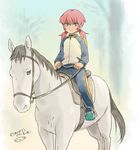  blue_eyes horse horseback_riding inazuma_eleven_(series) inazuma_eleven_go jacket kirino_ranmaru light_smile long_hair looking_at_viewer male_focus mizuhara_aki pants pink_hair raimon riding solo track_jacket track_pants track_suit tree twintails 