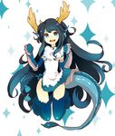  :d black_hair blue_eyes china_dress chinese_clothes dragon_girl dragon_tail dress elbow_gloves gloves grin head_fins horns karin_(p&amp;d) long_hair open_mouth puzzle_&amp;_dragons shika_deer smile star star-shaped_pupils symbol-shaped_pupils tail thighhighs 