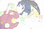  blue_hair blush bowl bowl_hat candy food fuji_sora hat heart holding japanese_clothes kimono konpeitou looking_at_viewer no_pupils purple_eyes short_hair sukuna_shinmyoumaru touhou 