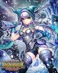  armor boots breasts cape chain character_request cleavage copyright_name esphy fighting_stance frown gloves green_gloves grey_hair gun hat holding holding_weapon long_hair medium_breasts shinma_x_keishou!_ragnabreak shorts snowflakes snowing solo thigh_boots thighhighs twintails weapon yellow_eyes 