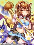  animal_ears axe blush breasts brown_eyes brown_hair character_request cleavage crop_top esphy gloves hen-shin-shou-jo_metamol_maiden holding holding_weapon long_hair medium_breasts midriff navel open_mouth ponytail shorts solo squirrel_ears squirrel_tail star tail weapon white_gloves 