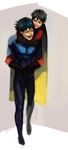  2boys batman_(series) black_hair bodysuit brothers cape carry carrying dc_comics dick_grayson family male male_focus multiple_boys nightwing robin_(dc) siblings smile tim_drake 