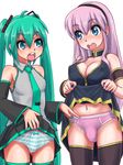  black_legwear bow bow_panties breasts bulge commentary_request covered_nipples detached_sleeves futanari green_eyes green_hair green_panties hatsune_miku large_breasts long_hair medium_breasts megurine_luka multiple_girls navel necktie o-minato open_mouth panties pink_hair pink_panties pointing skirt skirt_lift striped striped_panties thighhighs twintails underwear very_long_hair vocaloid white_background 