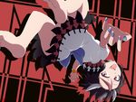  bangle barefoot black_hair bow bracelet bwell directional_arrow dress fang horns jewelry kijin_seija looking_at_viewer multicolored_hair open_mouth red_background red_eyes red_hair short_hair short_sleeves smile solo streaked_hair tongue tongue_out touhou upside-down white_hair 