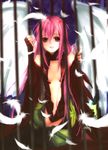  angel_wings bad_id bad_pixiv_id bare_shoulders black_legwear breasts center_opening cleavage detached_sleeves feathers fingerless_gloves gloves guilty_crown hair_ornament hairclip iron_bars long_hair looking_at_viewer navel open_mouth pink_hair red_eyes sitting solo thighhighs twintails wariza wings yuzuriha_inori 