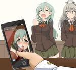  2girls admiral_(kantai_collection) aqua_hair blush brown_hair cellphone cellphone_picture fellatio hair_ornament hairclip hetero kantai_collection kumano_(kantai_collection) long_hair momio multiple_girls open_mouth oral penis phone ponytail school_uniform skirt smartphone suzuya_(kantai_collection) thighhighs yawning 