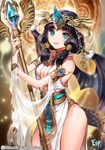  bat_wings black_hair black_wings blue_eyes breasts character_request cleavage copyright_name dress egyptian esphy medium_breasts mystic_blood pointy_ears smile solo staff tail twintails white_dress wings 