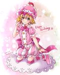  2014 amitie_(puyopuyo) bad_id bad_pixiv_id blonde_hair bow bowtie bracelet dated food frills fruit full_body green_eyes happy_birthday hat jewelry kneeling mystmu pink_bow puyopuyo puyopuyo_fever shoes short_hair shorts signature smile solo strawberry striped striped_legwear thighhighs 