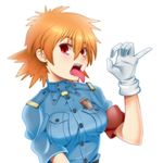  blonde_hair breasts fang fellatio_gesture gloves hand_gesture hellsing highres looking_at_viewer medium_breasts open_mouth oral_simulation red_eyes seras_victoria sexually_suggestive short_hair solo teeth tongue tongue_out tsume_hito vampire white_background 