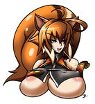  ahoge animal_ears antenna_hair areola_slip areolae bad_id bad_tumblr_id bare_shoulders blazblue breasts brown_eyes brown_hair bursting_breasts highres huge_ahoge huge_breasts kimyouna_juju makoto_nanaya naughty_face perky_breasts short_hair solo squirrel_ears squirrel_tail tail underboob upper_body 