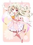  boots cross fate/kaleid_liner_prisma_illya fate_(series) gloves illyasviel_von_einzbern long_hair magical_girl outstretched_arms pink_footwear pink_legwear prisma_illya ratryu red_eyes skirt solo thighhighs two_side_up white_hair 