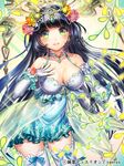  black_hair blue_dress blush breasts character_request cleavage dress esphy flower gloves green_eyes hair_flower hair_ornament jewelry junketsu_duelion large_breasts long_hair looking_at_viewer necklace smile solo thighhighs white_gloves white_legwear 